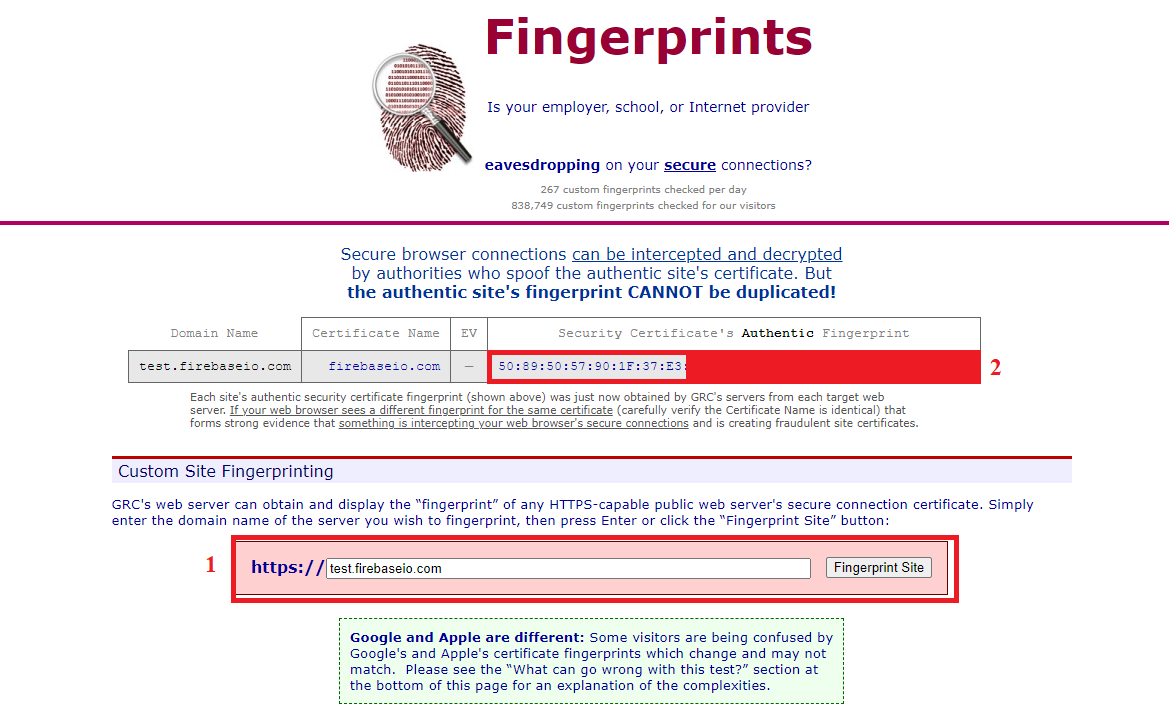 Required Website for Firebase Fingerprints.